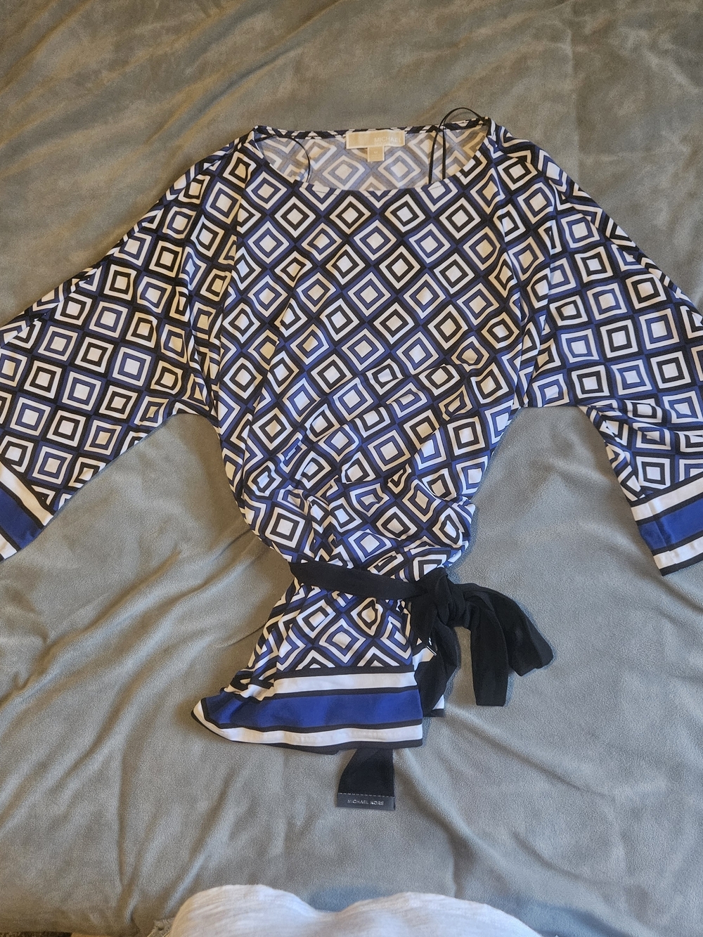 Michael Kors Blue, White & Black Geometric Diamond Top